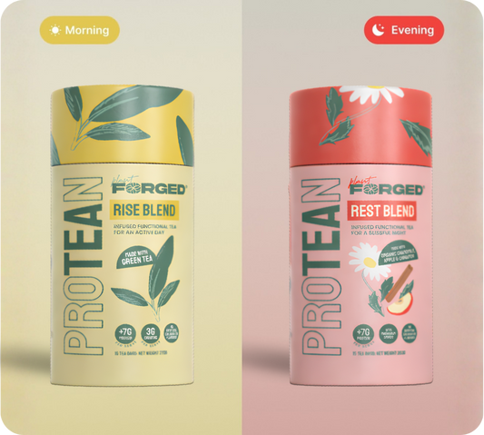 Plant Forged ProTEAn Foundation Bundle: Rise Blend and Rest Blend protein tea cylinders side by side